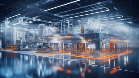 ultra-modern factory that embodies the concept of Industry 4.0, showing the integration of advanced technologies to optimize efficiency, and sustainability.の素材