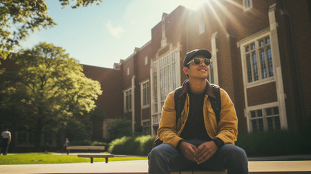 A young student outside university campus, excited to start the new semesterの素材