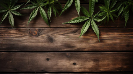 Marijuana leaves, green on a wooden background with copy space.の素材