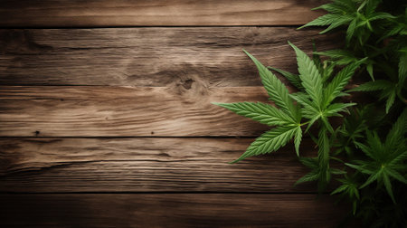 Marijuana leaves, green on a wooden background with copy space.の素材