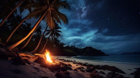 A flickering campfire illuminates a tropical beach at sunsetの素材