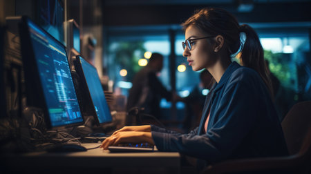 candid female programmer deeply engaged in her work, showcasing passion and focus in the world of coding.の素材