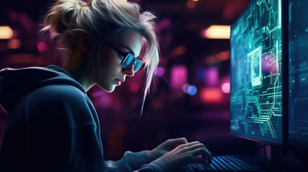 candid female programmer deeply engaged in her work, showcasing passion and focus in the world of coding.の素材