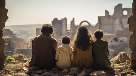 A family in the ruins of a war-torn city somewhere in the Middle East.の素材