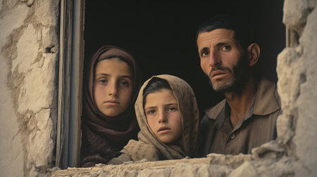 A family in the ruins of a war-torn city somewhere in the Middle East.の素材