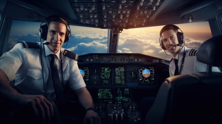 confident and handsome pilots in the cockpit of an airliner flying above the clouds.の素材
