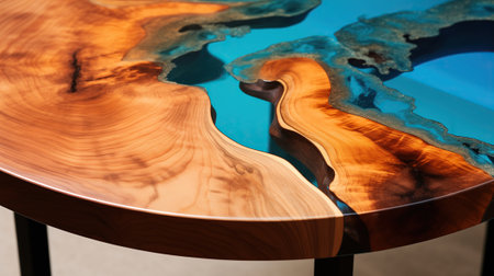A stunning designer table made of solid wood and colorful epoxy resin. The table is a beautiful and stylish addition to any home or office.の素材