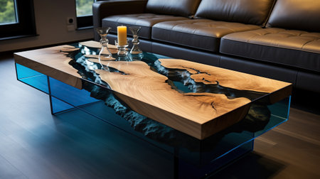 A stunning designer table made of solid wood and colorful epoxy resin. The table is a beautiful and stylish addition to any home or office.の素材