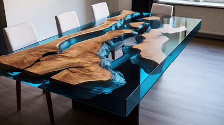 A stunning designer table made of solid wood and colorful epoxy resin. The table is a beautiful and stylish addition to any home or office.の素材