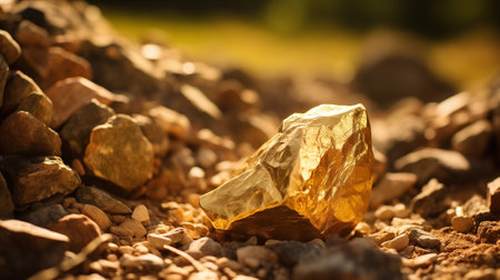 A natural gold nugget about the size of a golf ball, found in a stream. The nugget has a bright, shiny surface.の素材
