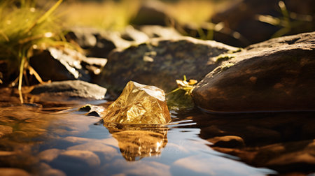 A natural gold nugget about the size of a golf ball, found in a stream. The nugget has a bright, shiny surface.の素材