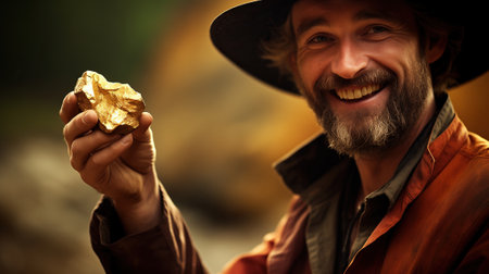 A man is overjoyed to find a large gold nugget.の素材