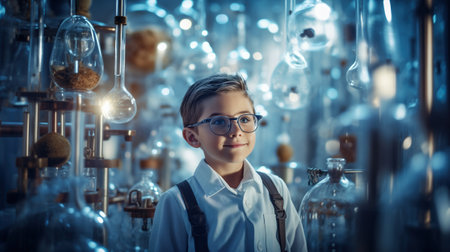 young 8 yo boy inventor scientist in modern laboratory.の素材