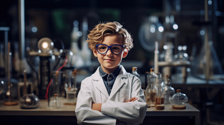 young 8 yo boy inventor scientist in modern laboratory.の素材