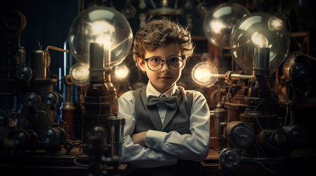 young 8 yo boy inventor scientist in modern laboratory.の素材