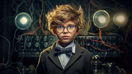young 8 yo boy inventor scientist in modern laboratory.の素材