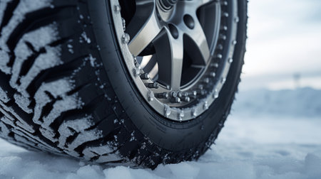 new winter tire extreme close up in winter landscape.の素材
