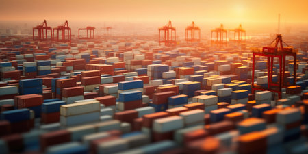 A vast array of containers, stacked high, stretches to the horizon in the golden hour.の素材