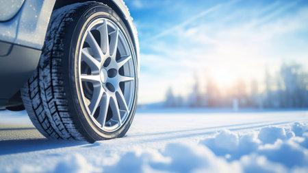 new winter tire extreme close up in winter landscape.の素材