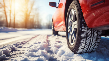 new winter tire extreme close up in winter landscape.の素材