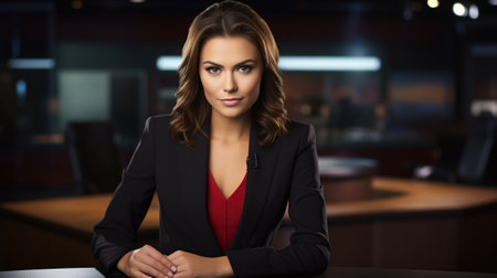 portrait of TV announcer woman in a modern TV studio news.の素材
