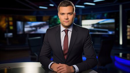 portrait of TV announcer man in a modern TV studio news.の素材