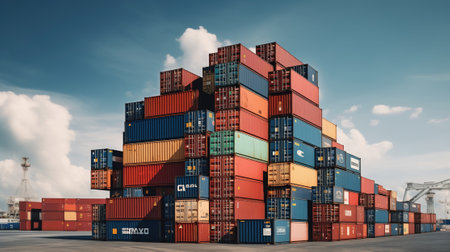 A vast array of containers, stacked high, stretches to the horizon in the golden hour.の素材