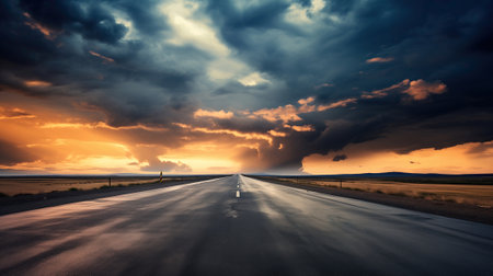 A road with bright markings stretches into the distance under a dramatic skyの素材