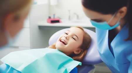 A young girl sits in the dentist's chair, holding her mother's hand. The dentist smiles at her reassuringly as he examines her teeth.の素材