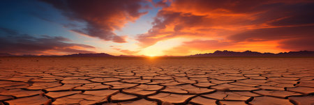 A sunset over a cracked desert somewhere on Earth, due to the lack of water and rising air temperatures caused by global warming.の素材