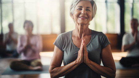 happy old pretty woman doing yoga in yoga class.の素材