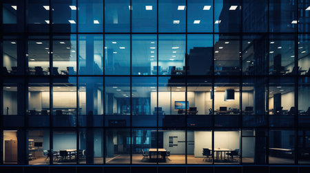 modern office windows at night, facade outside view.の素材