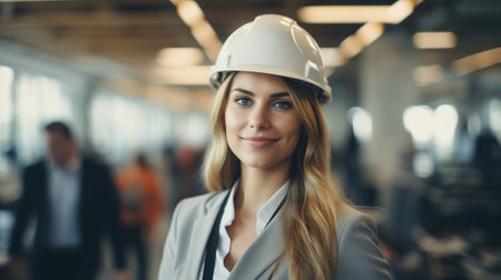 pretty and confident woman worker in helmet.の素材