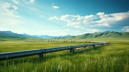 An oil or gas pipeline stretches across a green meadow on a sunny dayの素材