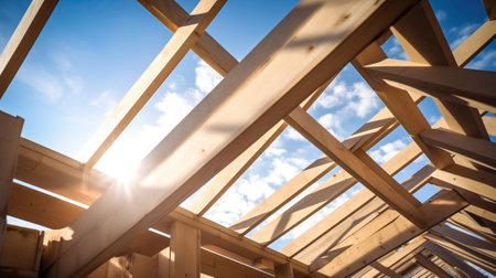 A wooden roof frame rafters on a building under construction, on a sunny day, without peopleの素材