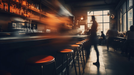 hipster loft modern bar cafe with people blurred motion, vibes and atmosphereの素材