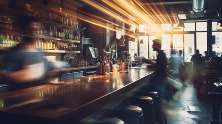 hipster loft modern bar cafe with people blurred motion, vibes and atmosphereの素材