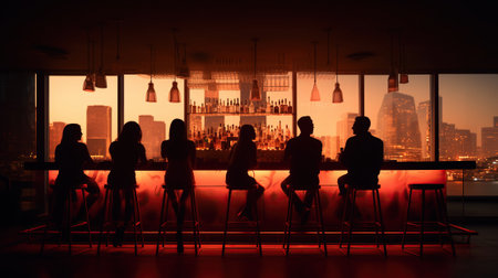 A throng of young people, both men and women, are having a good time in a bar, lit up by bright lightsの素材