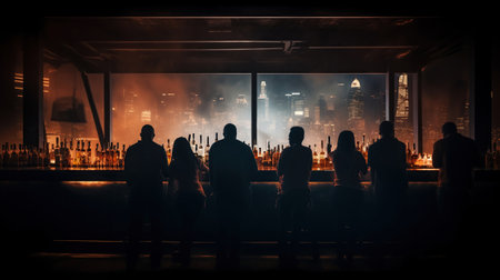 A throng of young people, both men and women, are having a good time in a bar, lit up by bright lightsの素材