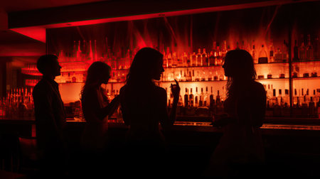 A throng of young people, both men and women, are having a good time in a bar, lit up by bright lightsの素材