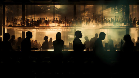 A throng of young people, both men and women, are having a good time in a bar, lit up by bright lightsの素材