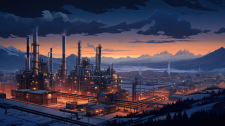 illustration of A large, thick pipeline carrying oil or gas stretches into the distance towards a large factory in the eveningの素材