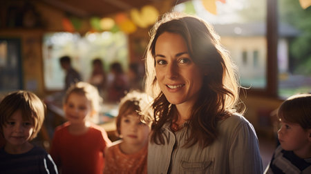 portrait of a kind female Montessori kindergarten teacher in a kindergarten with children, slight smile, candidの素材