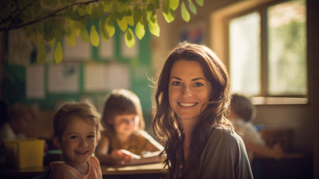 portrait of a kind female Montessori kindergarten teacher in a kindergarten with children, slight smile, candidの素材