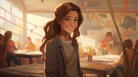 illustration portrait of a kind female Montessori kindergarten teacher in a kindergarten with children, slight smile, candidの素材