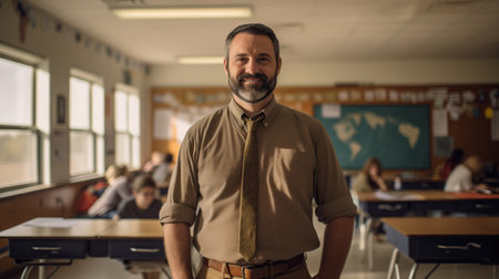 portrait of a kind male school teacher in a classroom, slight smile, candidの素材