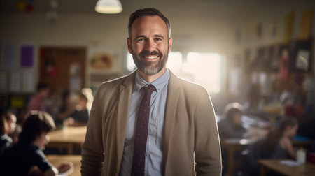 portrait of a kind male school teacher in a classroom, slight smile, candidの素材