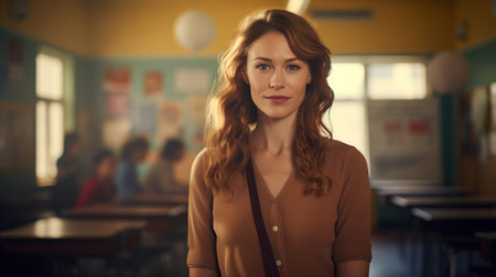 portrait of a kind female Montessori kindergarten teacher in a kindergarten with children, slight smile, candidの素材