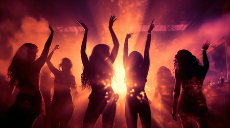 Silhouettes of sensually dancing girls, hands up, in a nightclub against the backdrop of a bright barの素材