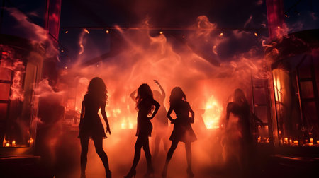 Silhouettes of sensually dancing girls, hands up, in a nightclub against the backdrop of a bright barの素材